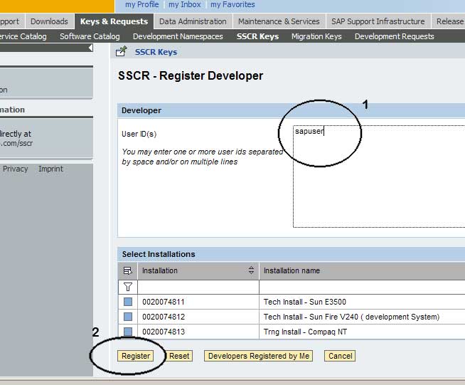 sap developer key registration